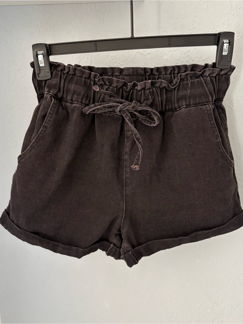 High-Rise Black Paperbag Denim Shorts with Drawstring
